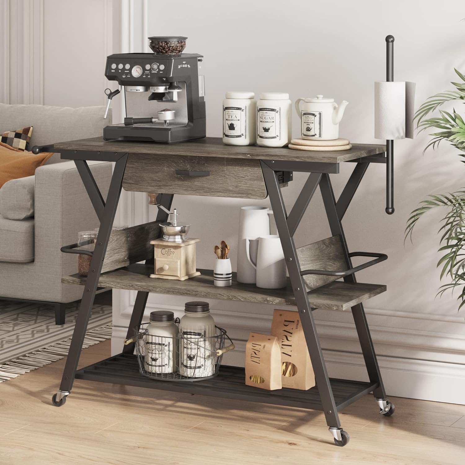 Coffee Bar Station, Kitchen Island Cart with Storage, Coffee Cart with Drawer, Paper Towel Holder and Lockable Wheels, Bar Table